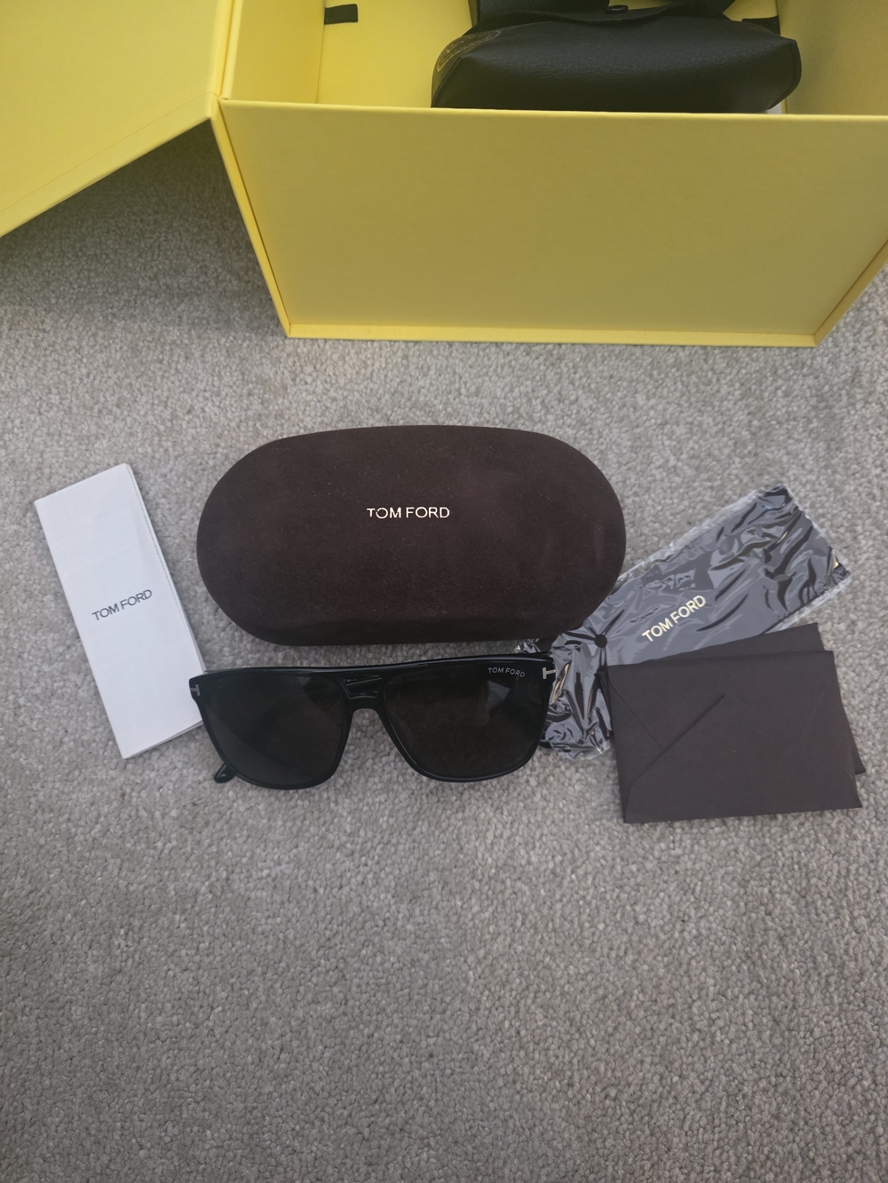 Tom Ford Black Sunglasses with Dark Brown Case and Yellow Box